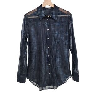 Equipment Femme Sheer Navy Blue Plaid Metallic Shimmer Button Down Shirt XS